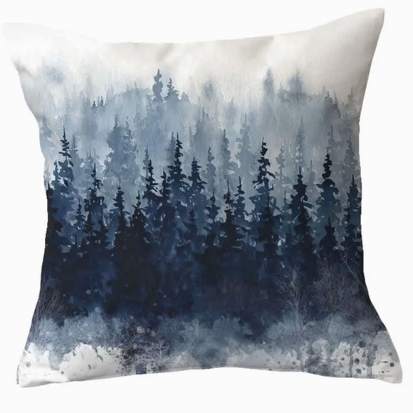 NEW Cotton Blend Blue & White Watercolor Trees Printed Pillow Cover 18" x 18" - Picture 1 of 2